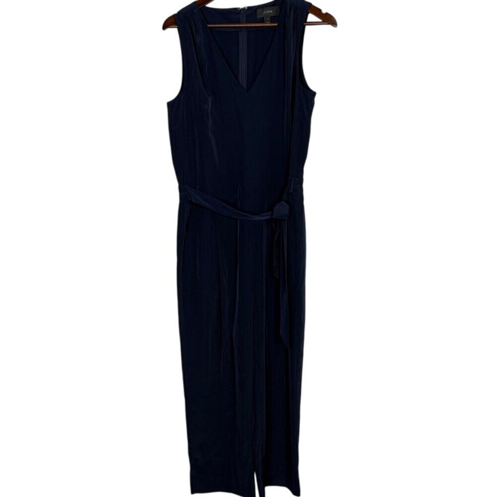 J Crew Sleeveless Satin Effect OnePiece Jumpsuit Elastic Tie Waist Pocket 6 Blue - Picture 13 of 15